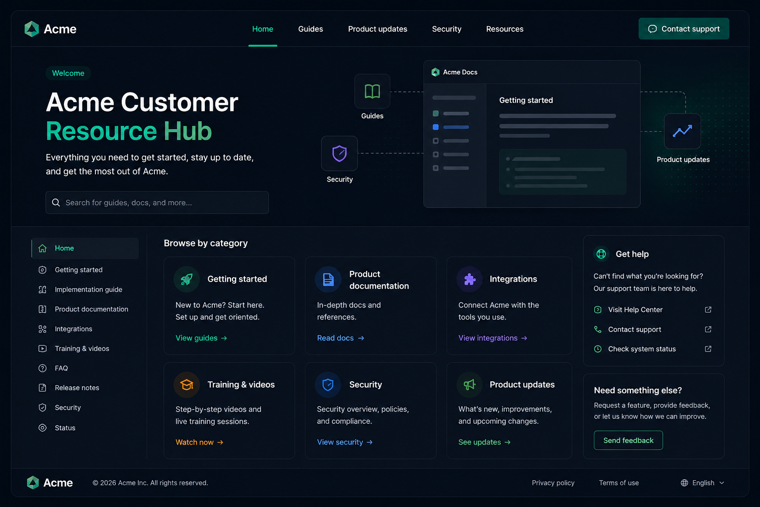 Example customer resource hub published from Confluence in dark mode
